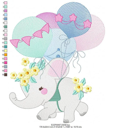Elephant embroidery designs - Hot air balloon embroidery design machine embroidery pattern - Safari embroidery file - Elephant with balloons Marcia Embroidery