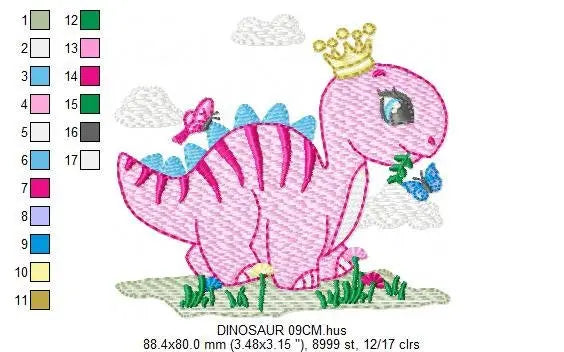 Dinosaur embroidery designs - Dino with crown machine embroidery pattern - Baby girl file Pink Stegosaurus - Instant download pes jef dst Marcia Embroidery