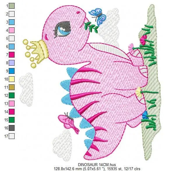 Dinosaur embroidery designs - Dino with crown machine embroidery pattern - Baby girl file Pink Stegosaurus - Instant download pes jef dst Marcia Embroidery