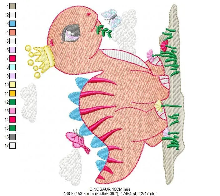 Dinosaur embroidery designs - Dino with crown machine embroidery pattern - Baby girl file Pink Stegosaurus - Instant download pes jef dst Marcia Embroidery