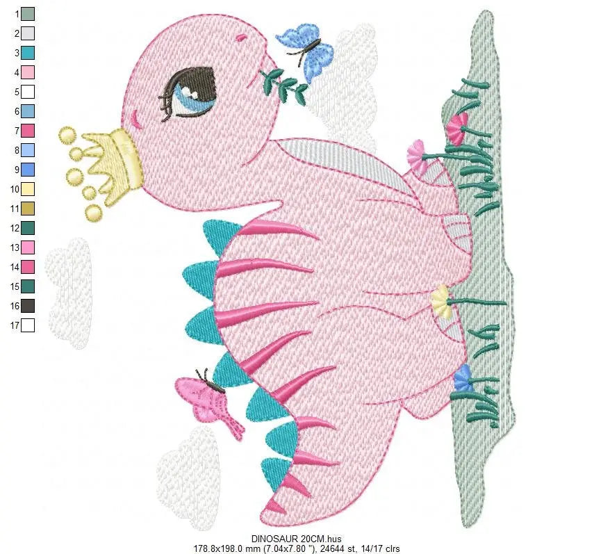 Dinosaur embroidery designs - Dino with crown machine embroidery pattern - Baby girl file Pink Stegosaurus - Instant download pes jef dst Marcia Embroidery