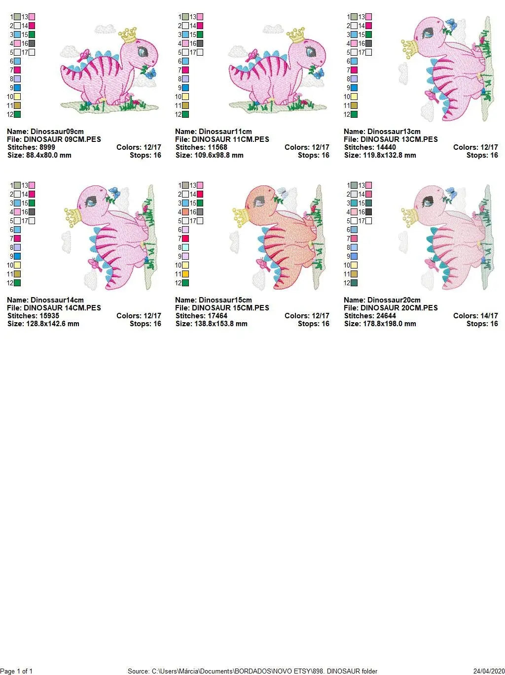 Dinosaur embroidery designs - Dino with crown machine embroidery pattern - Baby girl file Pink Stegosaurus - Instant download pes jef dst Marcia Embroidery
