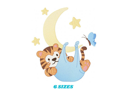 Tiger embroidery design - Tiger in moon with stars machine embroidery pattern - Night Sky Baby boy file - Instant digital download pes jef