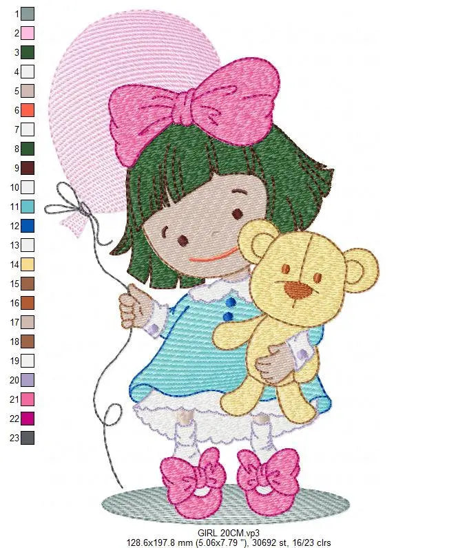 Baby girl embroidery designs - Girl with bear embroidery design machine embroidery - girl with balloon embroidery file - Children embroidery Marcia Embroidery