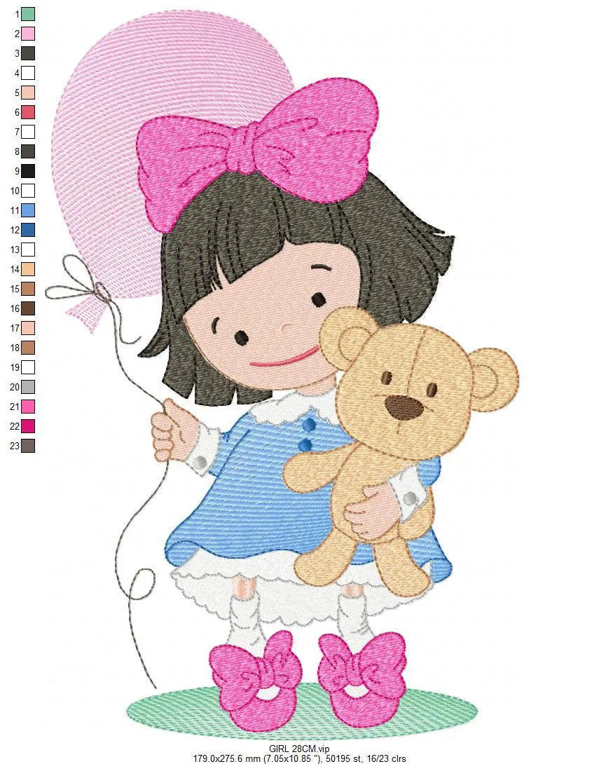Baby girl embroidery designs - Girl with bear embroidery design machine embroidery - girl with balloon embroidery file - Children embroidery Marcia Embroidery