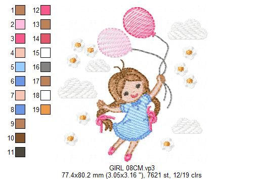 Baby girl embroidery designs - Toddler embroidery design machine embroidery pattern - girl with balloons embroidery file - kid embroidery