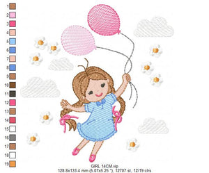 Baby girl embroidery designs - Toddler embroidery design machine embroidery pattern - girl with balloons embroidery file - kid embroidery