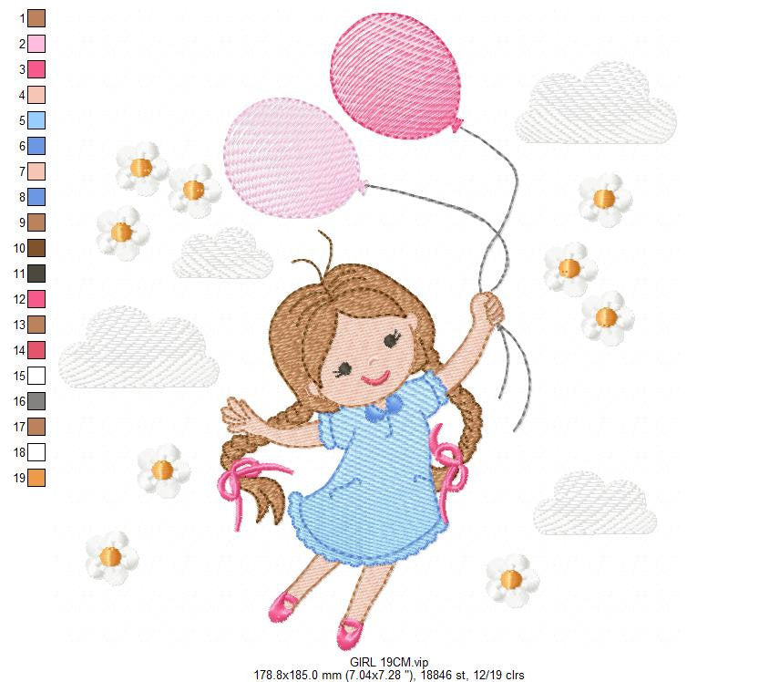 Baby girl embroidery designs - Toddler embroidery design machine embroidery pattern - girl with balloons embroidery file - kid embroidery