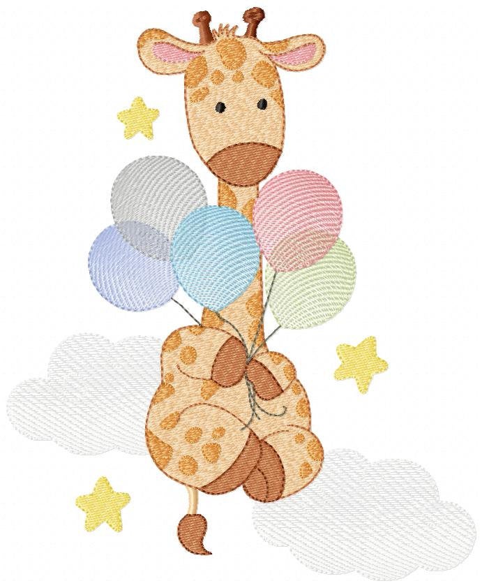 Giraffe embroidery design - Animal embroidery designs machine embroidery pattern - Baby girl embroidery file - Giraffe with balloons stars