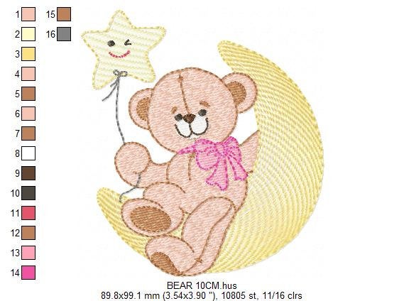 Teddy Bear embroidery designs - Baby Girl Bear with Moon and star machine embroidery pattern - Instant digital download pes je fdst hus vp3