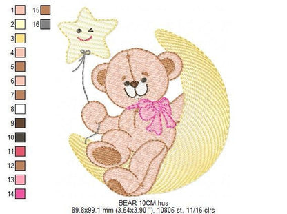 Teddy Bear embroidery designs - Baby Girl Bear with Moon and star machine embroidery pattern - Instant digital download pes je fdst hus vp3