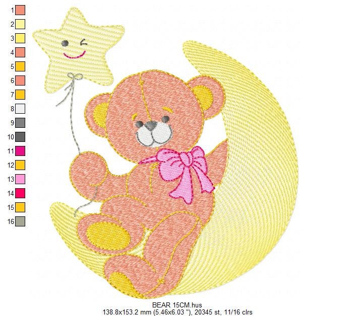 Teddy Bear embroidery designs - Baby Girl Bear with Moon and star machine embroidery pattern - Instant digital download pes je fdst hus vp3