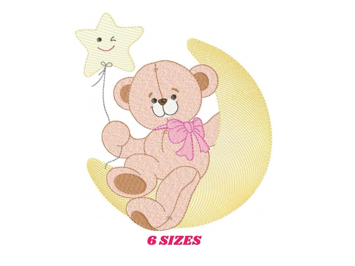 Teddy Bear embroidery designs - Baby Girl Bear with Moon and star machine embroidery pattern - Instant digital download pes je fdst hus vp3