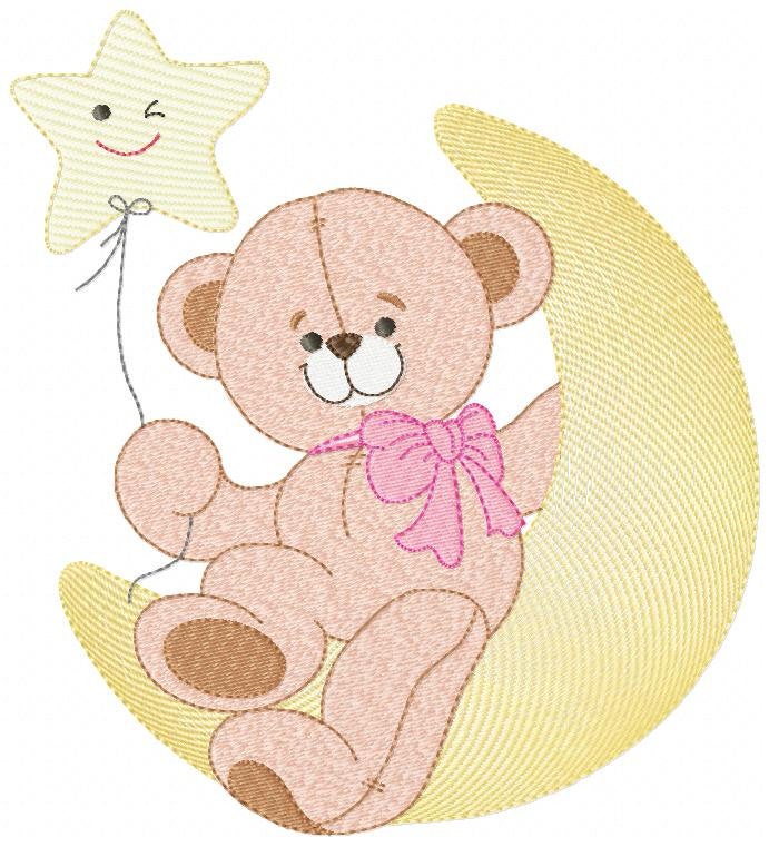Teddy Bear embroidery designs - Baby Girl Bear with Moon and star machine embroidery pattern - Instant digital download pes je fdst hus vp3