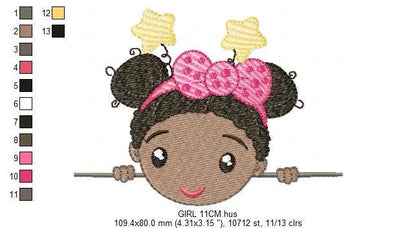 Peek a boo Curly black hair girl embroidery designs - Baby girl machine embroidery pattern - Girl with bow and stars - Instant download pes Marcia Embroidery