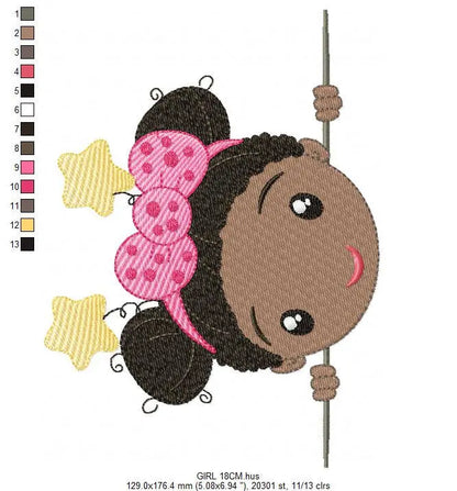 Peek a boo Curly black hair girl embroidery designs - Baby girl machine embroidery pattern - Girl with bow and stars - Instant download pes Marcia Embroidery