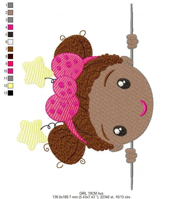 Peek a boo Curly black hair girl embroidery designs - Baby girl machine embroidery pattern - Girl with bow and stars - Instant download pes Marcia Embroidery