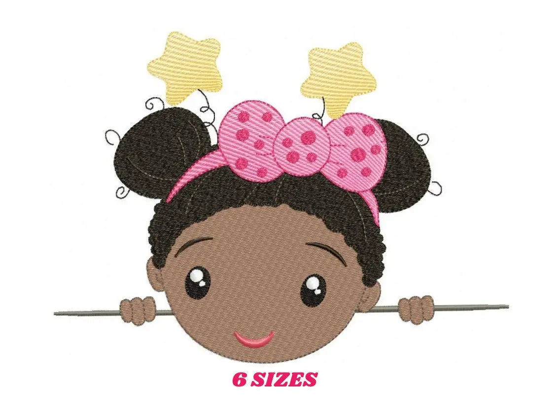 Peek a boo Curly black hair girl embroidery designs - Baby girl machine embroidery pattern - Girl with bow and stars - Instant download pes Marcia Embroidery