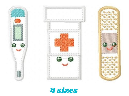 Thermometer embroidery design - Band aid machine embroidery pattern - Pill box Medicine Emergency medical kit applique - Instant download