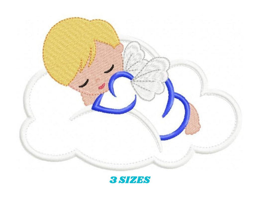 Sleeping Angel in a Cloud embroidery design - Baby boy embroidery design machine embroidery pattern - Angel applique - instant download pes