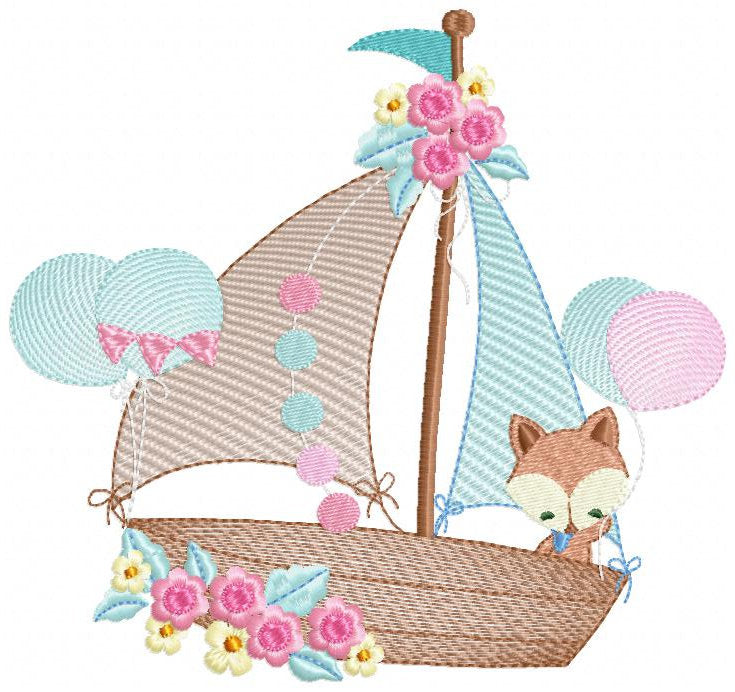 Boat embroidery designs - Sailboat embroidery design machine embroidery pattern - nautical file instant download - fox with balloons boy