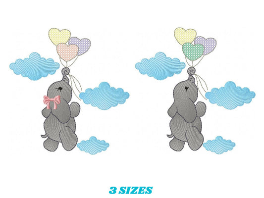 Elephant with heart balloons embroidery designs - Safari wild animal machine embroidery pattern - Boy and Girl file - Instant download pes