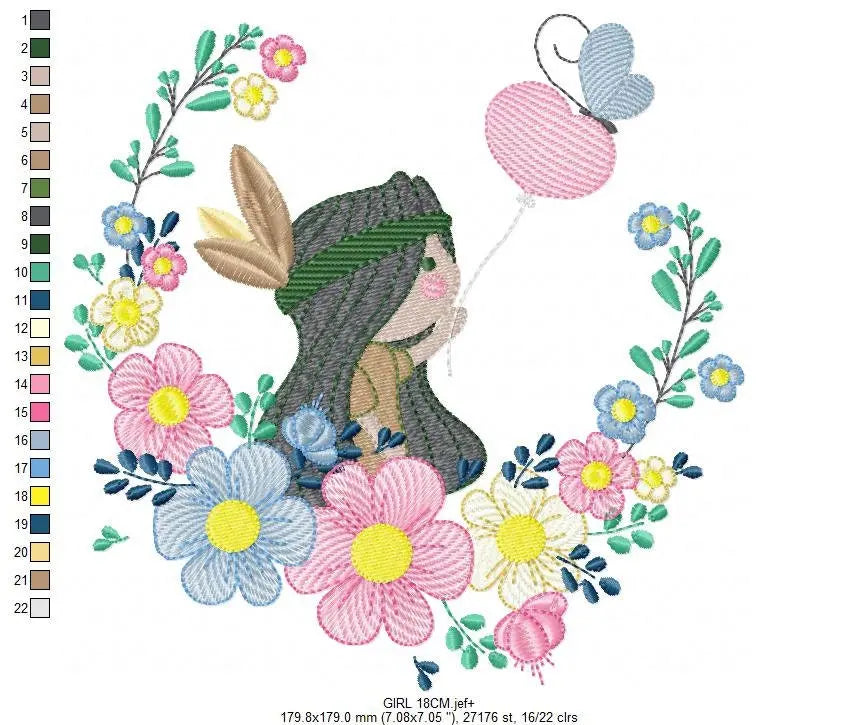 Indian Girl embroidery designs - Native-american with flower frame embroidery design machine embroidery pattern - baby girl embroidery file Marcia Embroidery