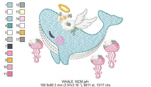 Whale embroidery designs - Animal embroidery design machine embroidery pattern - Whale with jellyfish embroidery file - instant download pes