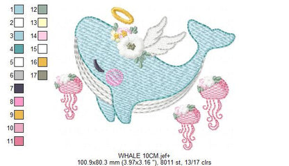 Whale embroidery designs - Animal embroidery design machine embroidery pattern - Whale with jellyfish embroidery file - instant download pes