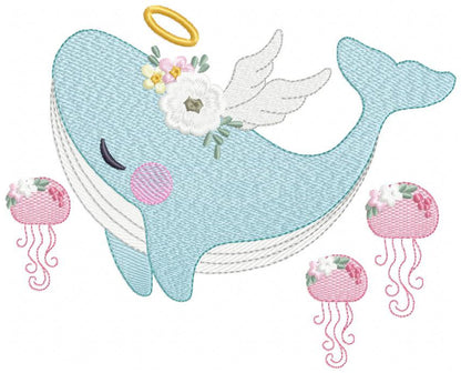 Whale embroidery designs - Animal embroidery design machine embroidery pattern - Whale with jellyfish embroidery file - instant download pes