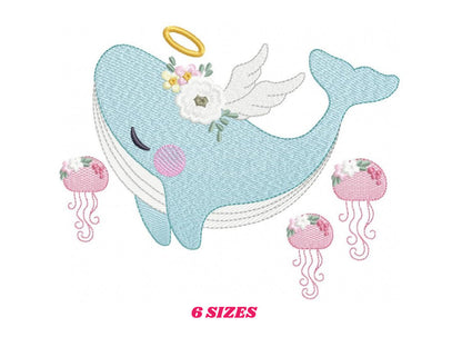 Whale embroidery designs - Animal embroidery design machine embroidery pattern - Whale with jellyfish embroidery file - instant download pes
