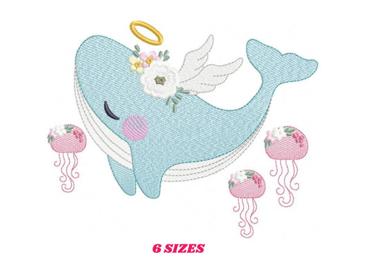 Whale embroidery designs - Animal embroidery design machine embroidery pattern - Whale with jellyfish embroidery file - instant download pes