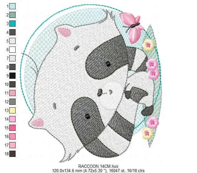 Raccoon embroidery designs - Woodland  Animal with flowers and butterflies embroidery design machine embroidery pattern - Instant download Marcia Embroidery