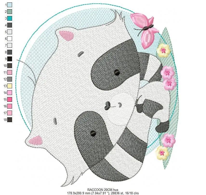 Raccoon embroidery designs - Woodland  Animal with flowers and butterflies embroidery design machine embroidery pattern - Instant download Marcia Embroidery
