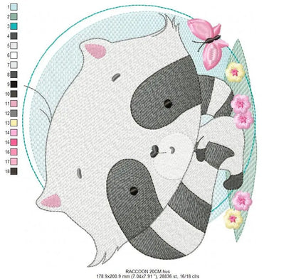 Raccoon embroidery designs - Woodland  Animal with flowers and butterflies embroidery design machine embroidery pattern - Instant download Marcia Embroidery