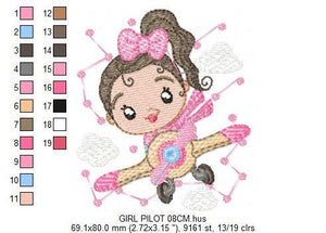 Girl Pilot embroidery designs - Plane embroidery design machine embroidery pattern - Baby girl embroidery file - instant download sky clouds