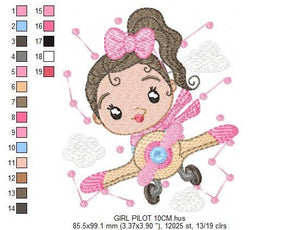 Girl Pilot embroidery designs - Plane embroidery design machine embroidery pattern - Baby girl embroidery file - instant download sky clouds