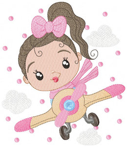 Girl Pilot embroidery designs - Plane embroidery design machine embroidery pattern - Baby girl embroidery file - instant download sky clouds