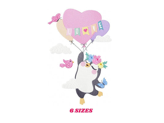 Penguin with ballons embroidery design - Animal with birds and flowers machine embroidery pattern - Valentines Love file - Instant download
