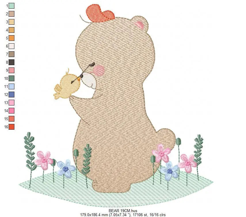 Bear with bird embroidery designs - Baby girl embroidery design machine embroidery pattern - Bear with flowers embroidery - instant download Marcia Embroidery