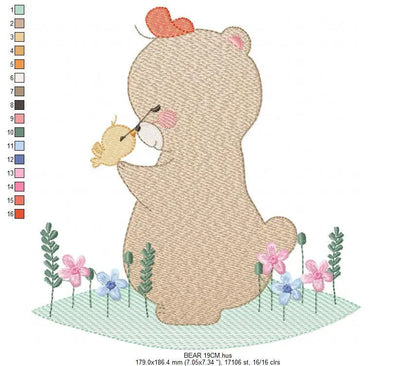 Bear with bird embroidery designs - Baby girl embroidery design machine embroidery pattern - Bear with flowers embroidery - instant download Marcia Embroidery