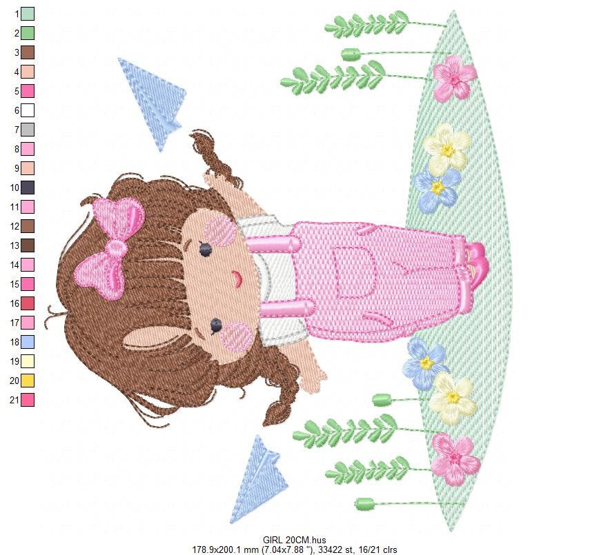 Baby girl with overalls embroidery designs - Children playing with paper planes embroidery machine embroidery pattern - Instant download jef