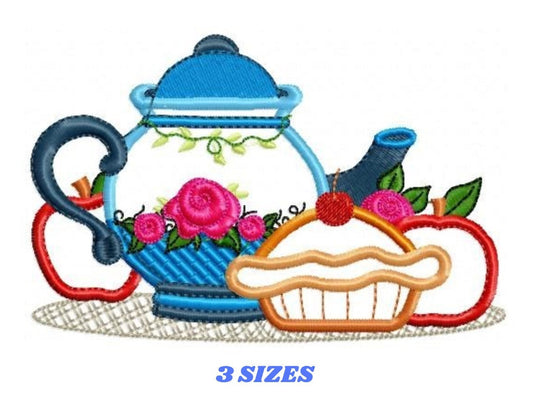 Pie embroidery design - Teapot applique machine embroidery pattern - Kitchen Towel file - Apple pie applique - Instant download pes jef dst
