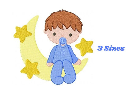 Sleeping boy embroidery design - Half moon with stars machine embroidery pattern - Baby boy file - Instant digital download pes jef dst hus Marcia Embroidery
