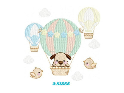 Dog embroidery designs - Hot air balloon embroidery design machine embroidery pattern - Animal embroidery file - instant download dog birds