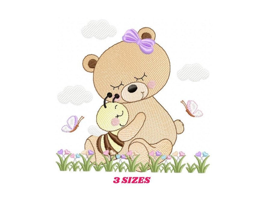 Bear embroidery designs - Baby girl embroidery design machine embroidery pattern - Bear with bee embroidery file - instant download file