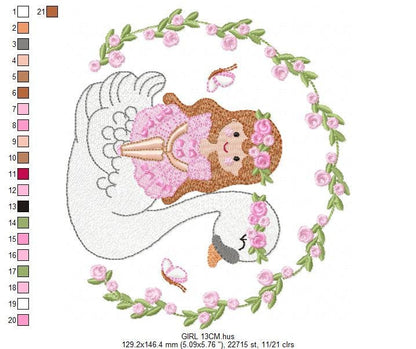 Fairy embroidery designs - Baby Girl embroidery design machine embroidery pattern - Swan embroidery file - Girl with flowers Digital file