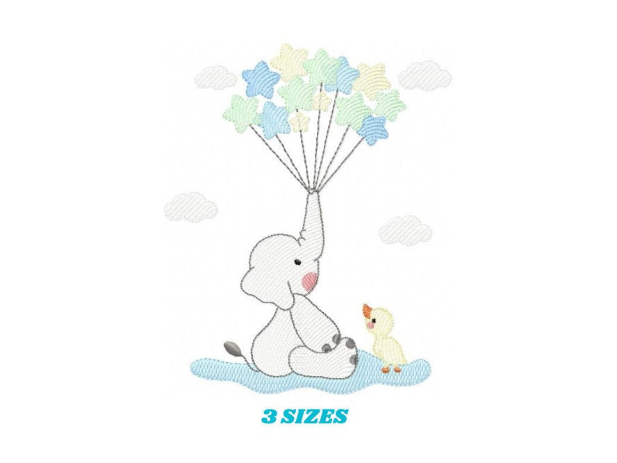 Elephant with stars balloons embroidery designs - Safari Wild Animal machine embroidery pattern - Baby boy file - Instant digital download