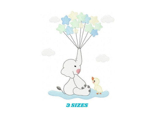 Elephant with stars balloons embroidery designs - Safari Wild Animal machine embroidery pattern - Baby boy file - Instant digital download