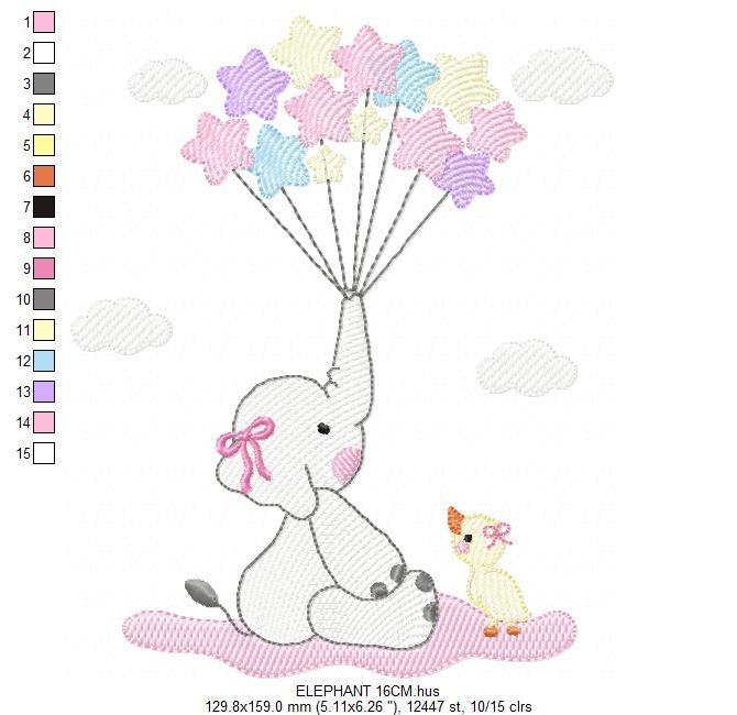 Elephant embroidery designs - Animal embroidery design machine embroidery pattern - Baby girl embroidery file - elephant with balloons sky